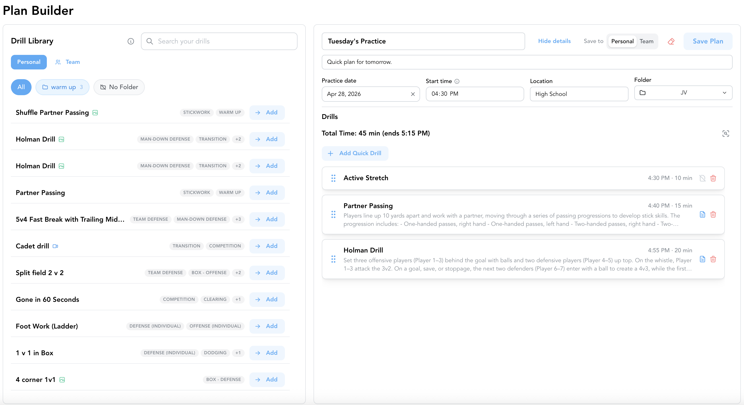 PrakticePlan drag-and-drop practice plan builder