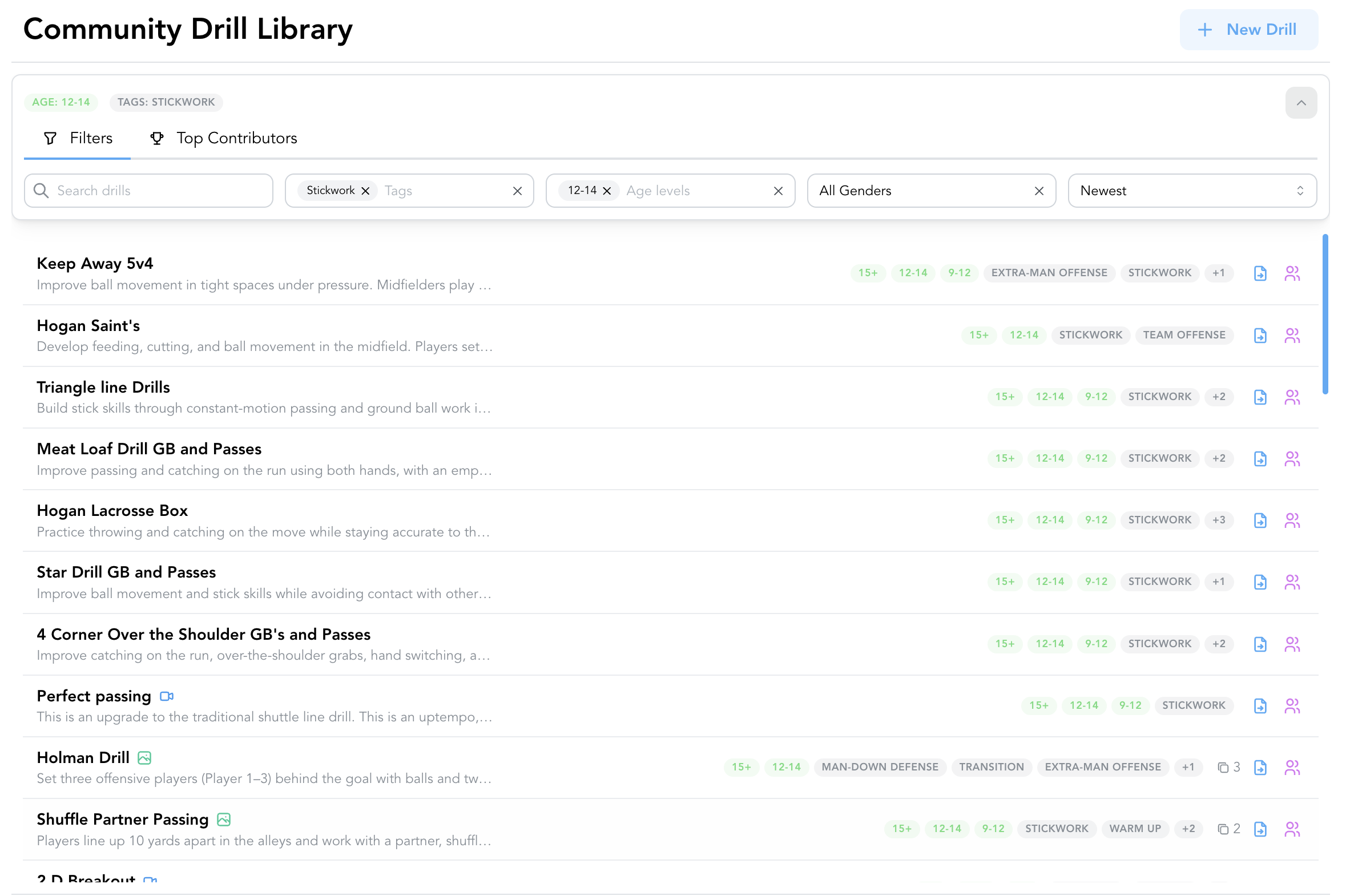 PrakticePlan community drill library with filters and search