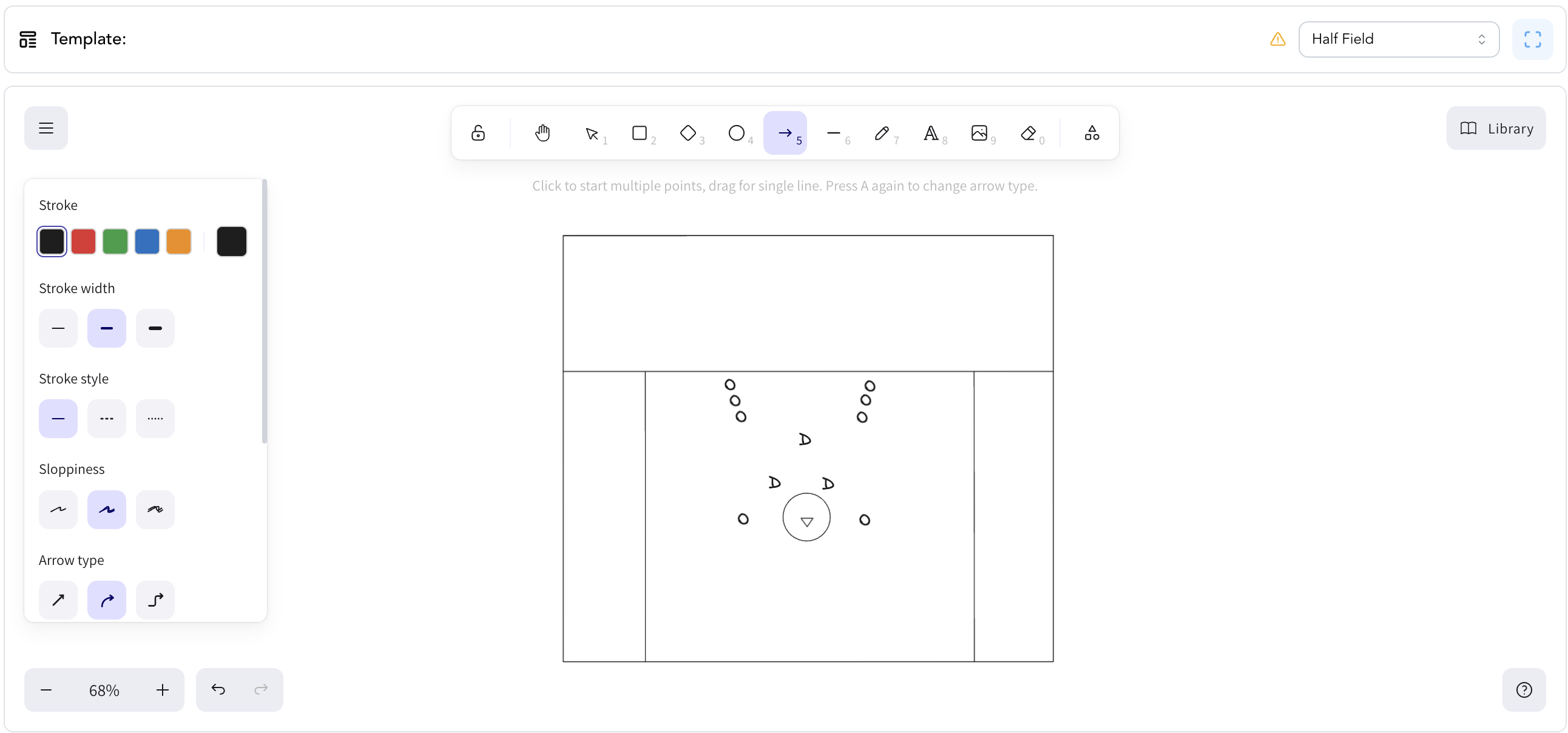 Built-in drill diagramming tool with lacrosse field template