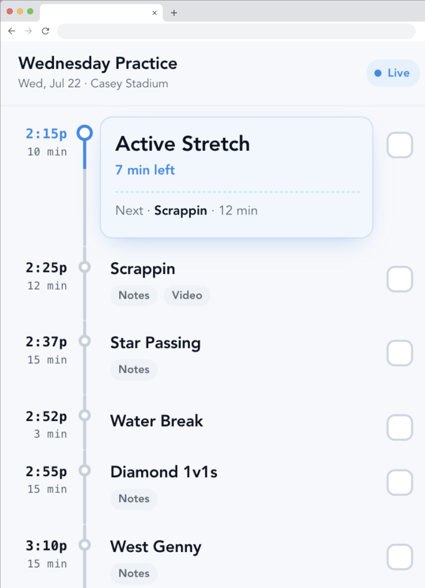 Live practice plan link that stays up to date and follows the practice clock