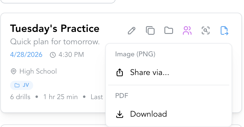Export practice plan as PNG or PDF with one click