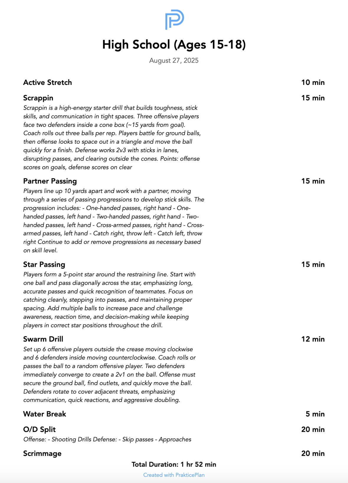 Practice plan shared over text message